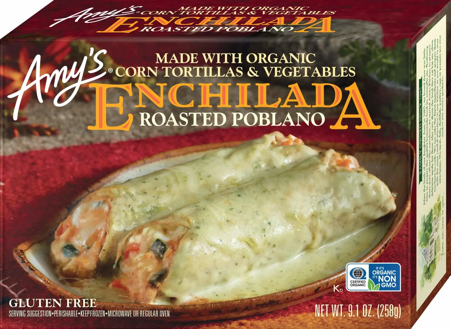 Amy's Frozen Meals, Roasted Poblano Enchilada, Made With Organic Tortillas, Poblanos, Tofu and Cheese, Gluten Free Microwave Meals, 9.1 Oz