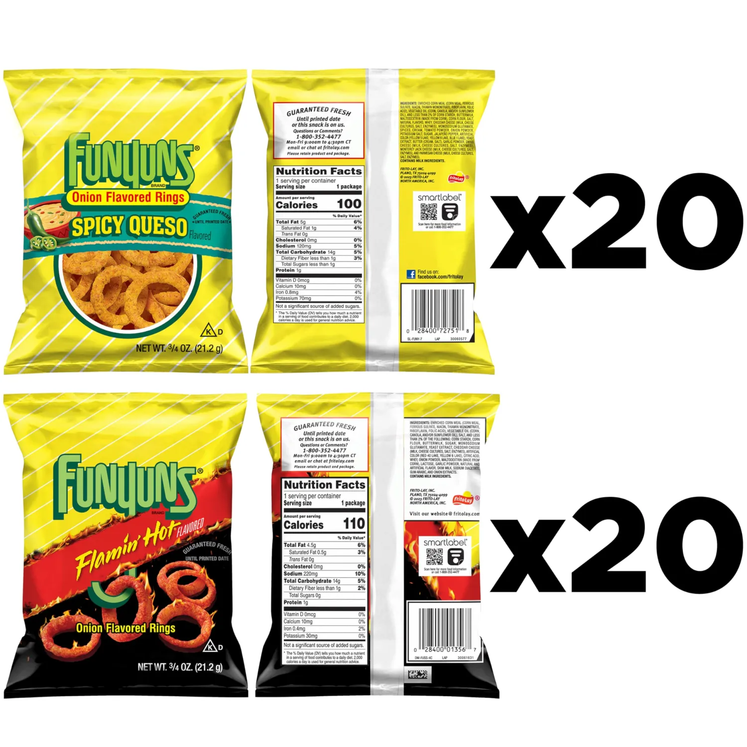 Funyuns Onion Flavored Rings, Spicy Queso and Flamin' Hot Variety Pack, 0.75 Ounce (Pack of 40)