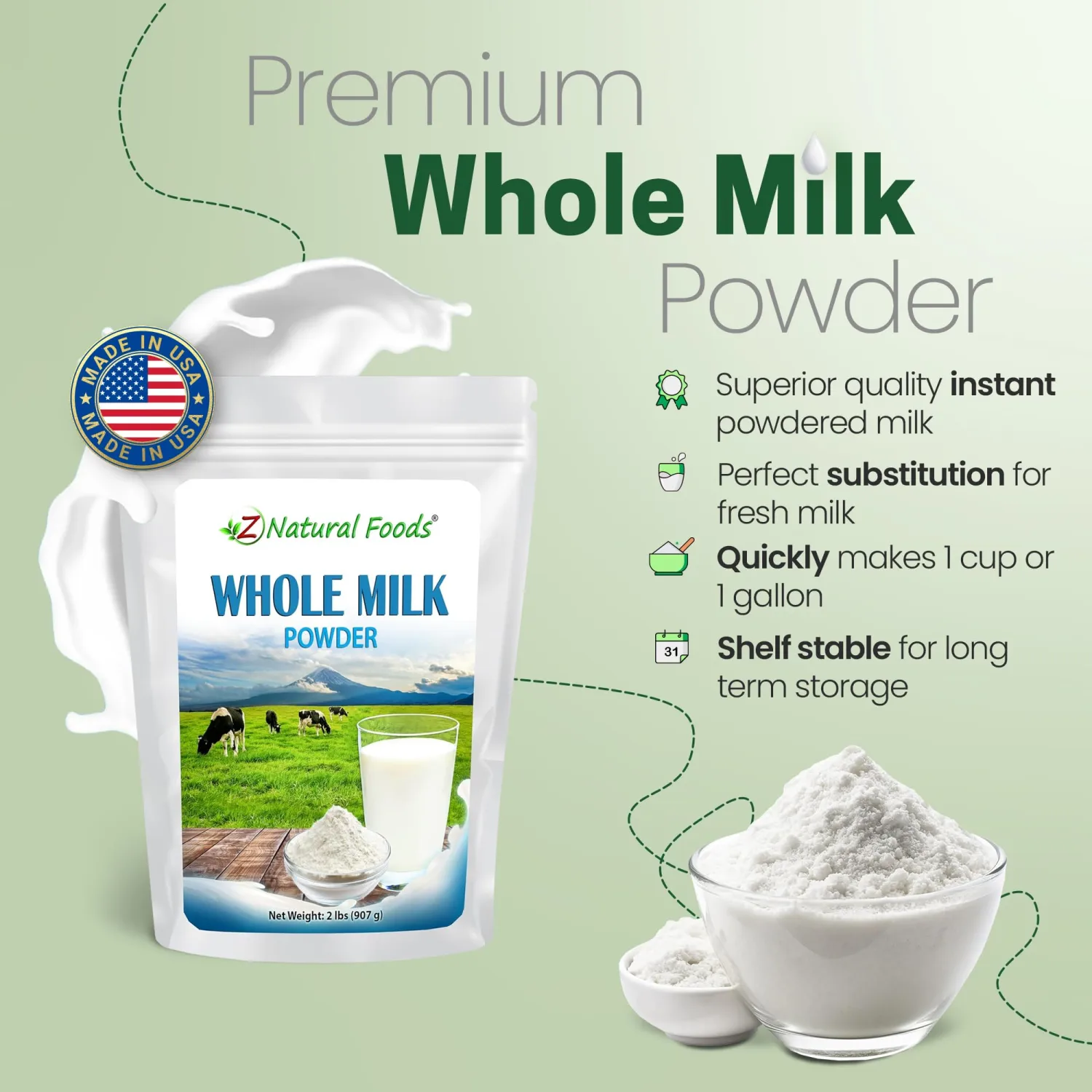 Z Natural Foods Premium Whole Milk Powder - Powdered Milk for Baking, Cooking, Drinks - Dry Milk Powder, Pasteurized, Non-GMO, Gluten-Free, Kosher-Certified, 2 lbs