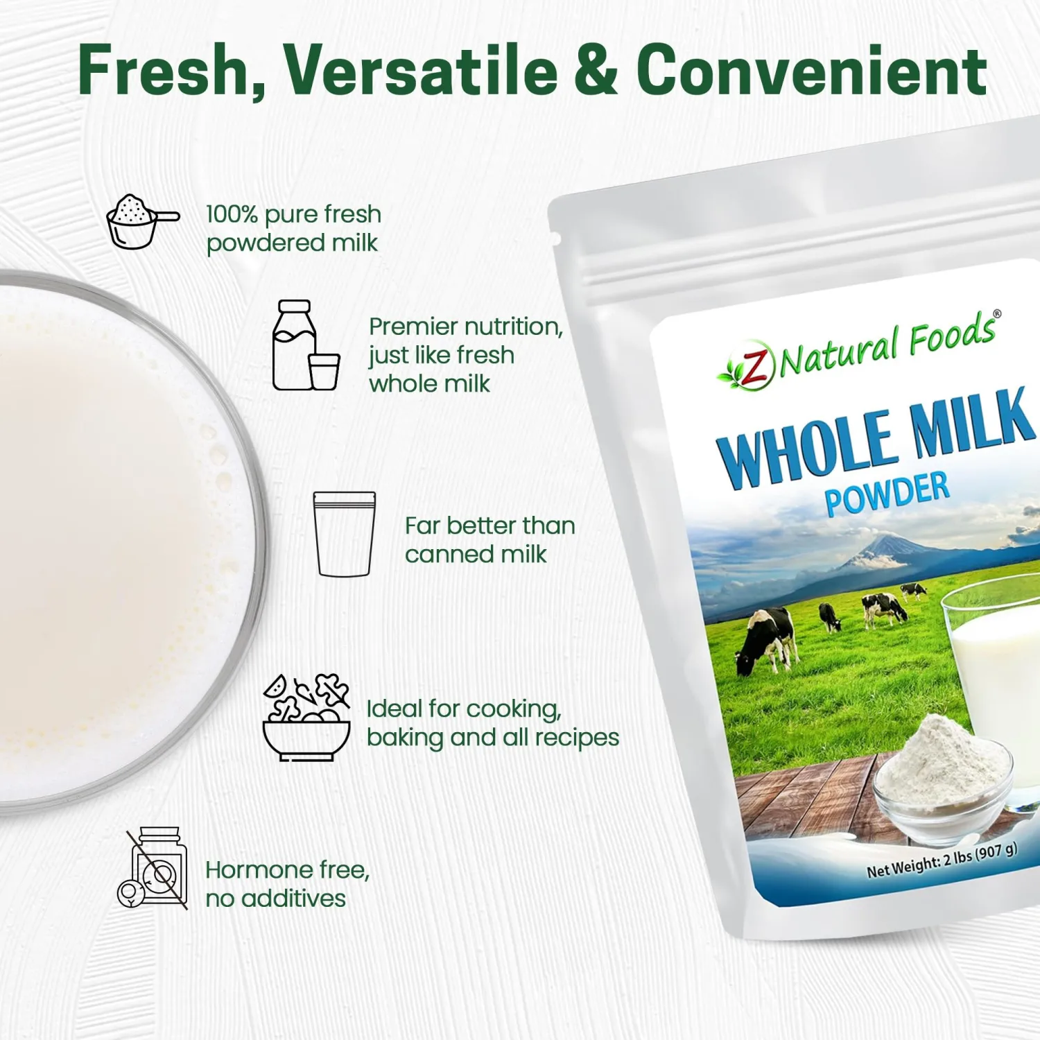 Z Natural Foods Premium Whole Milk Powder - Powdered Milk for Baking, Cooking, Drinks - Dry Milk Powder, Pasteurized, Non-GMO, Gluten-Free, Kosher-Certified, 2 lbs