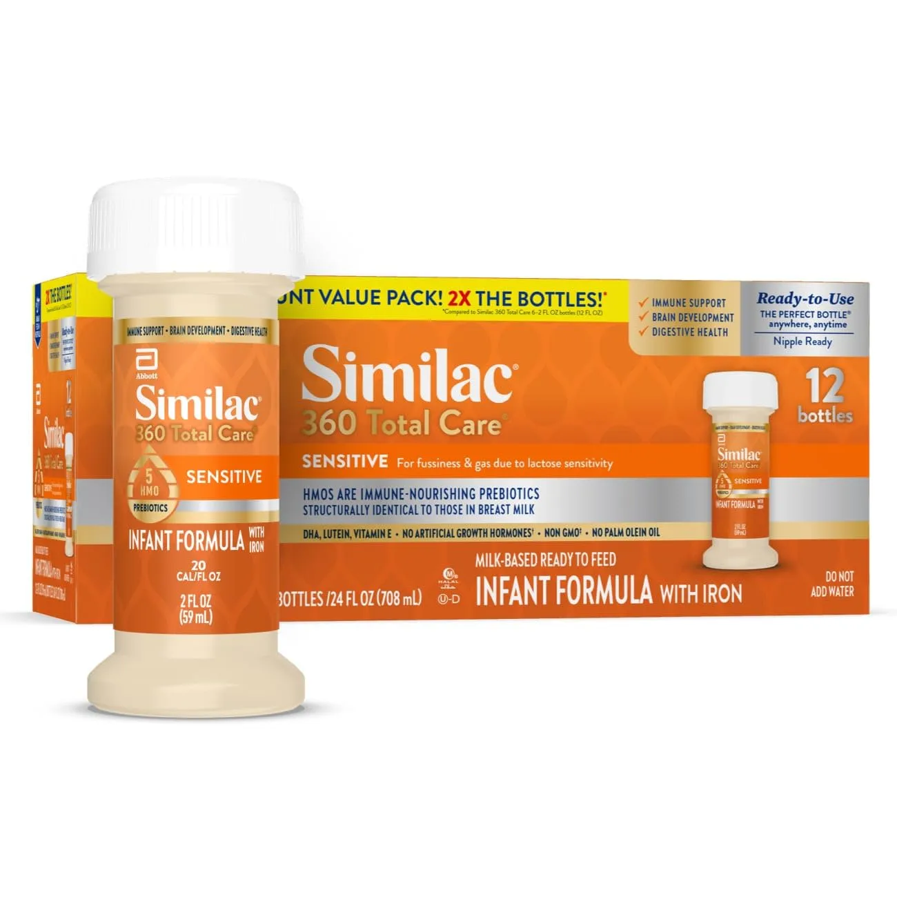 Similac 360 Total Care Sensitive Infant Formula for Fussiness & Gas Due to Lactose Sensitivity, Has 5 HMO Prebiotics, Non-GMO, Baby Formula, Ready to Feed, 2-fl-oz Bottle, Pack of 12