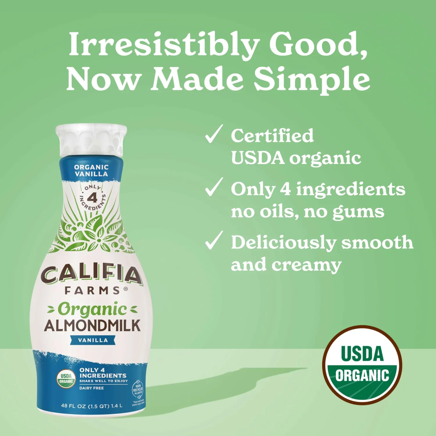 Califia Farms - Organic Vanilla Almond Milk, 48 Oz, Dairy Free, Vegan, Plant Based, Organic Milk, Non GMO, Low Calorie, USDA Organic