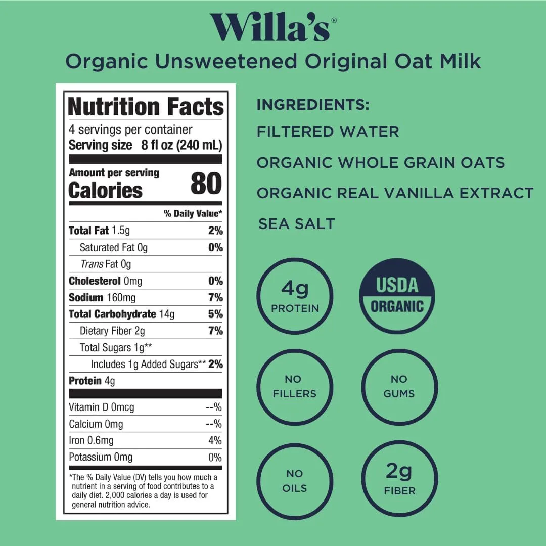 Willa's Organic Oat Milk - Unsweetened Original Oatmilk, Non-GMO, Shelf Stable, Low Sugar, Non-Dairy Milk, Made from Whole Grain Oats, No Oil, No Gums, 32 Oz - Pack of 1
