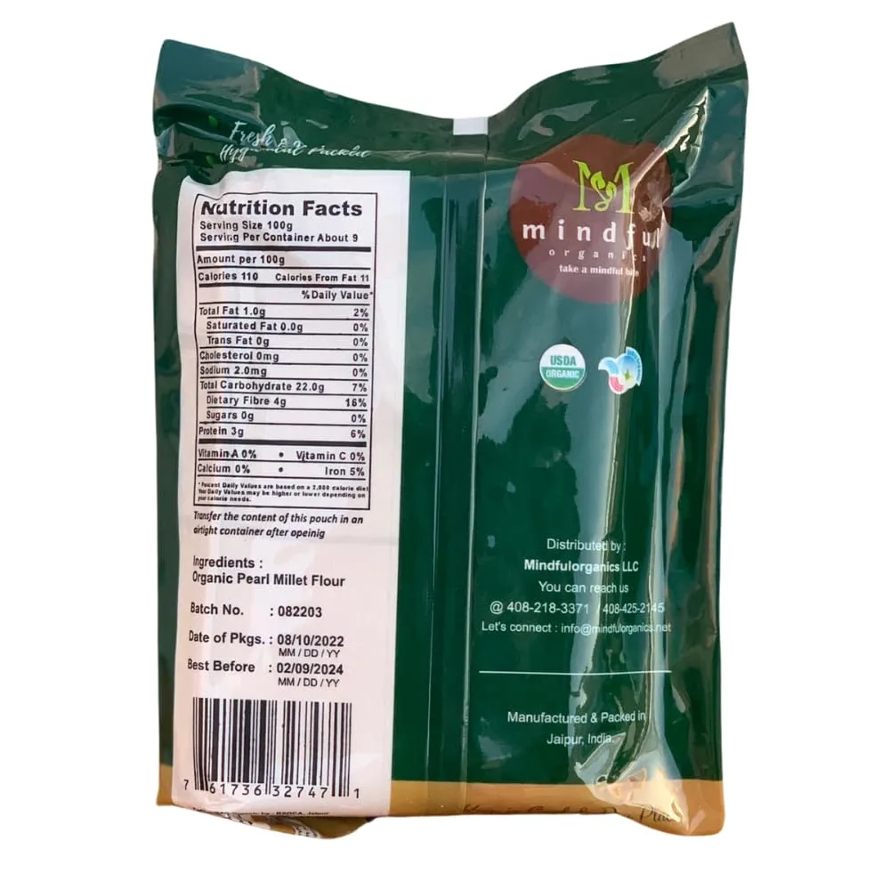 Mindful Organics | Organic Bajra Flour 2 lbs - Nutritious and Gluten-Free Millet Flour for Wholesome Cooking and Baking - Vegan, Organic, No Added Colors or Preservatives