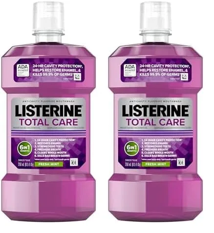 Listerine Total Care Anticavity Fluoride Mouthwash, 6 Benefits in 1 Oral Rinse Helps Kill 99.9% of Bad Breath Germs, Prevents Cavities, Strengthens Enamel, ADA-Accepted, Fresh Mint, 250 mL (Pack of 2)