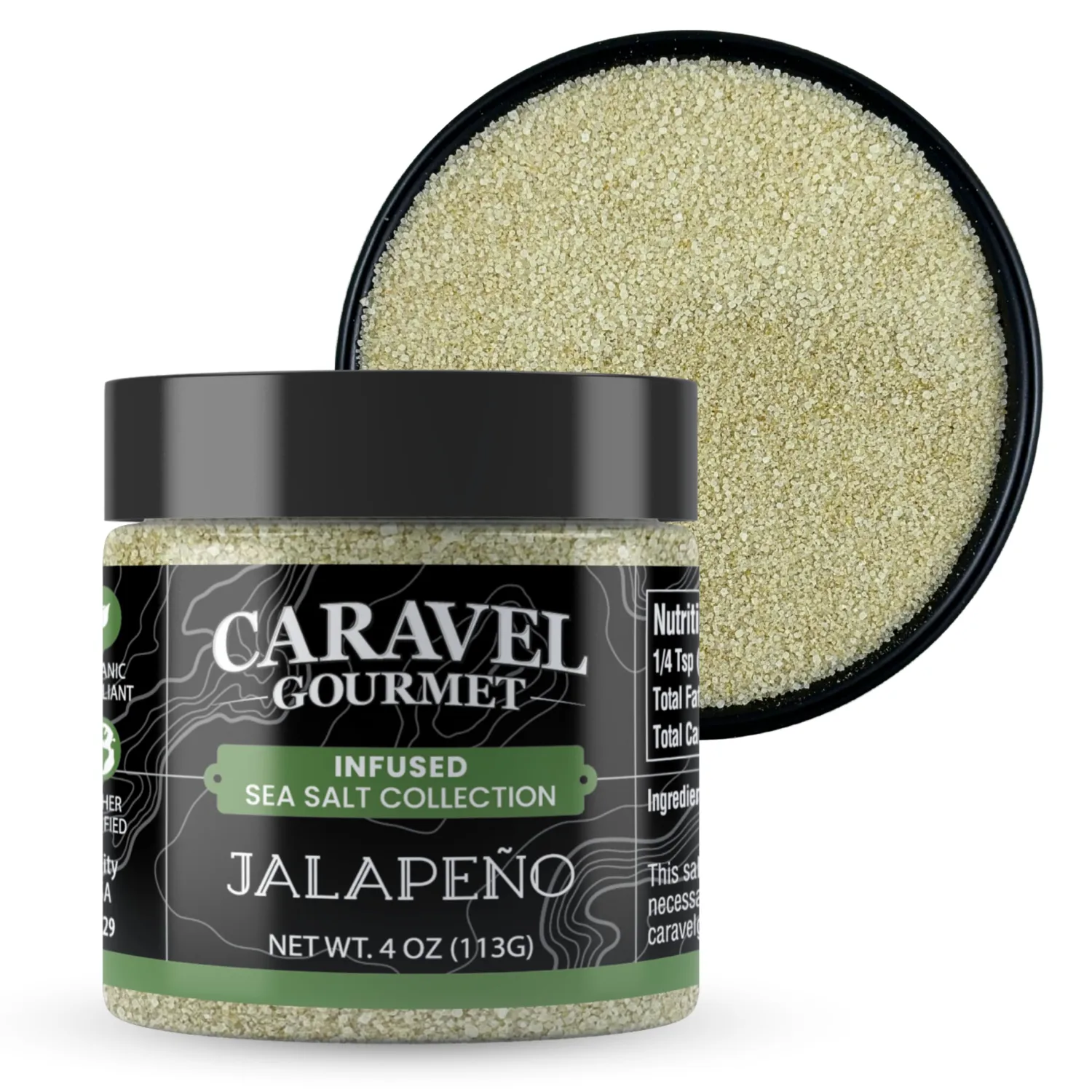 Gourmet Jalapeno Sea Salt - Pure Sea Salt Blended with Jalapeno Pepper - All-Natural, Kosher, No Gluten, No MSG, Non-GMO - for Cooking & Finishing & Mexican Dishes - 4 oz. Jar - Caravel Gourmet