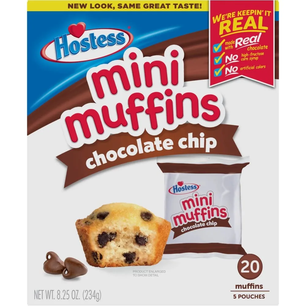 Hostess Mini Muffins - Chocolate Chip - One Box of 20 Muffins - 8oz