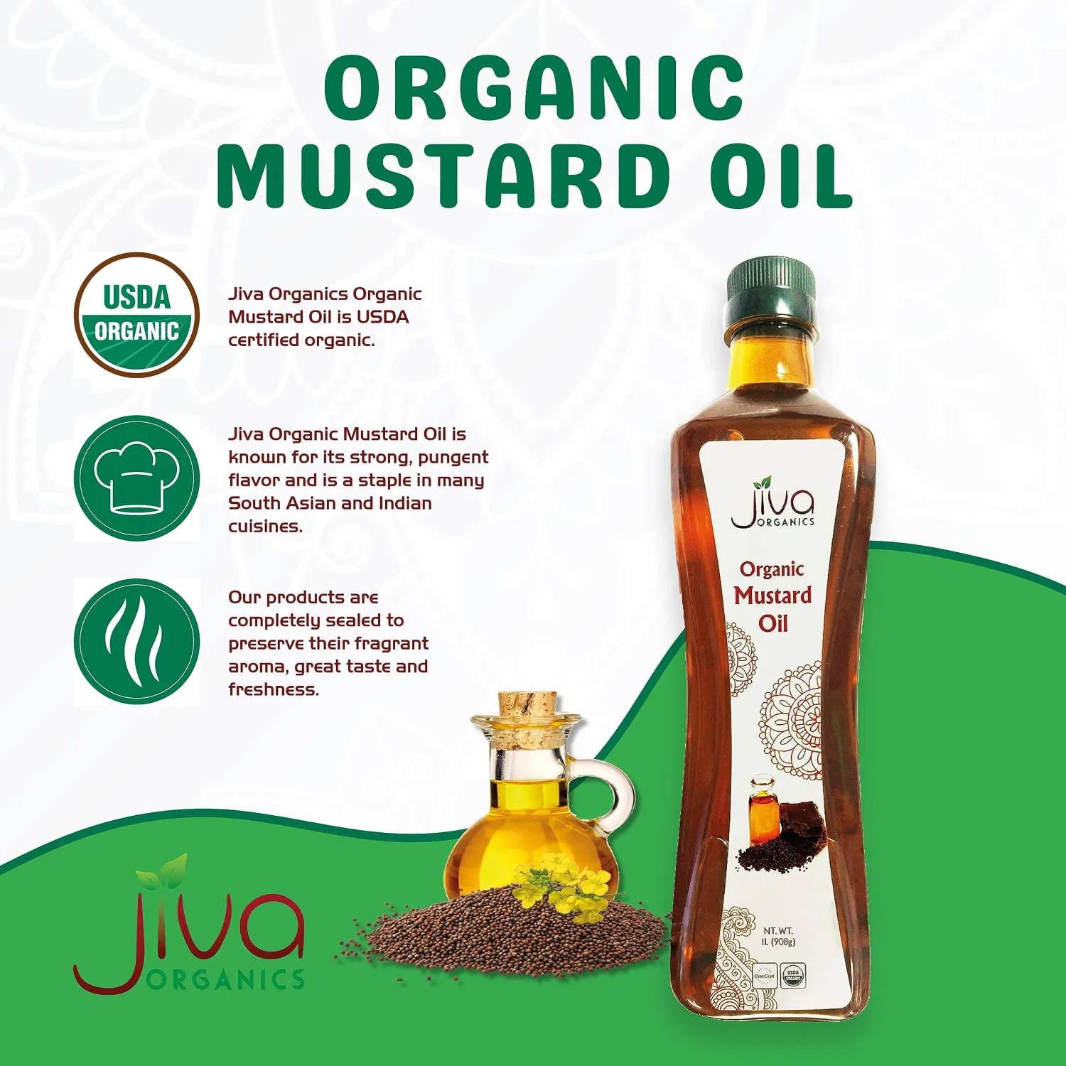 Jiva Organics Organic Mustard Oil 1 Liter Bottle (33.8 Ounce) - Non-GMO, Premium, Cold Pressed