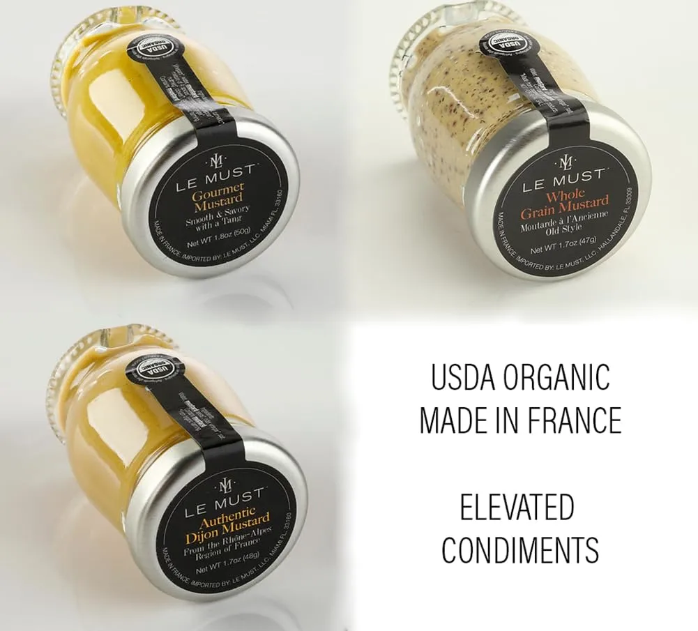 Le Must Organic Mustard Assortment Whole Grain Mustard, Yellow Mustard, Dijon Mustard Mini Jars For Charcuterie, Cheeseboards Pack of 3