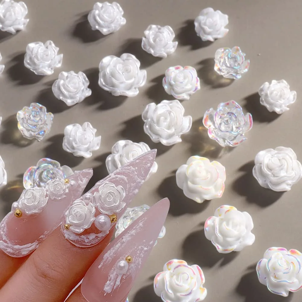90 Pcs 5D Mixed White Flower Camellia Nail Art Set and 900 Pcs 3D Nail Art Supplies Round Pearls Caviar Beads Nails Charms Tips Glitter Accessories for Women Acrylic Decorations