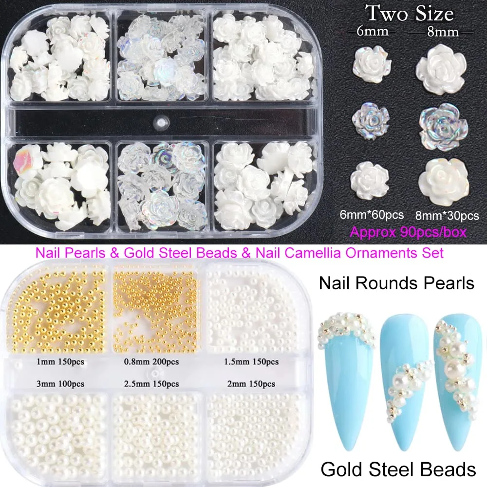 90 Pcs 5D Mixed White Flower Camellia Nail Art Set and 900 Pcs 3D Nail Art Supplies Round Pearls Caviar Beads Nails Charms Tips Glitter Accessories for Women Acrylic Decorations