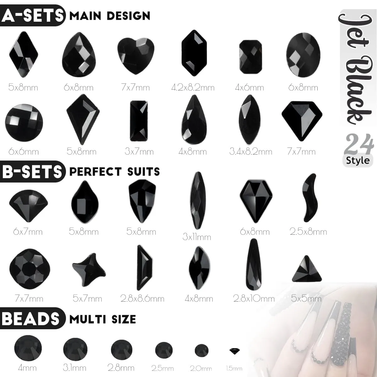 4 Boxes Black Nail Rhinestones Nail Glitters Kit, 24 Shapes K9 Glass Jet Black Gems Flatback Round Gems Stones Diamonds Crystals Nail Art Supplies Nail Charms for Acrylic Nails Faces Body DIY Crafts