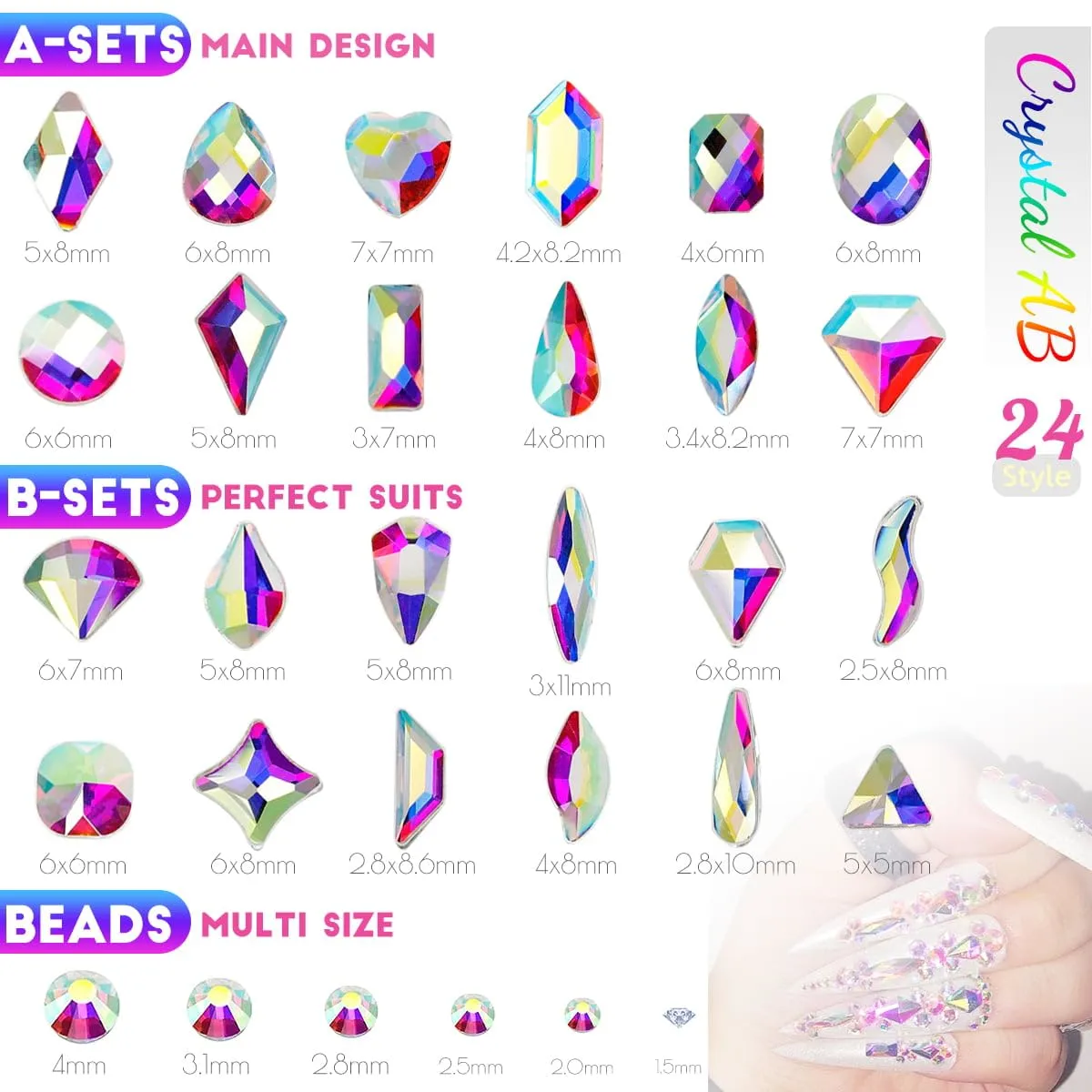 4 Boxes AB Crystal Nail Rhinestones Glitters Powder Kit, 24 Shapes K9 Glass White AB Gems Flatback Round Stones Diamonds Crystals Nail Art Supplies Nail Charms for Acrylic Nails Face Makeup DIY Crafts