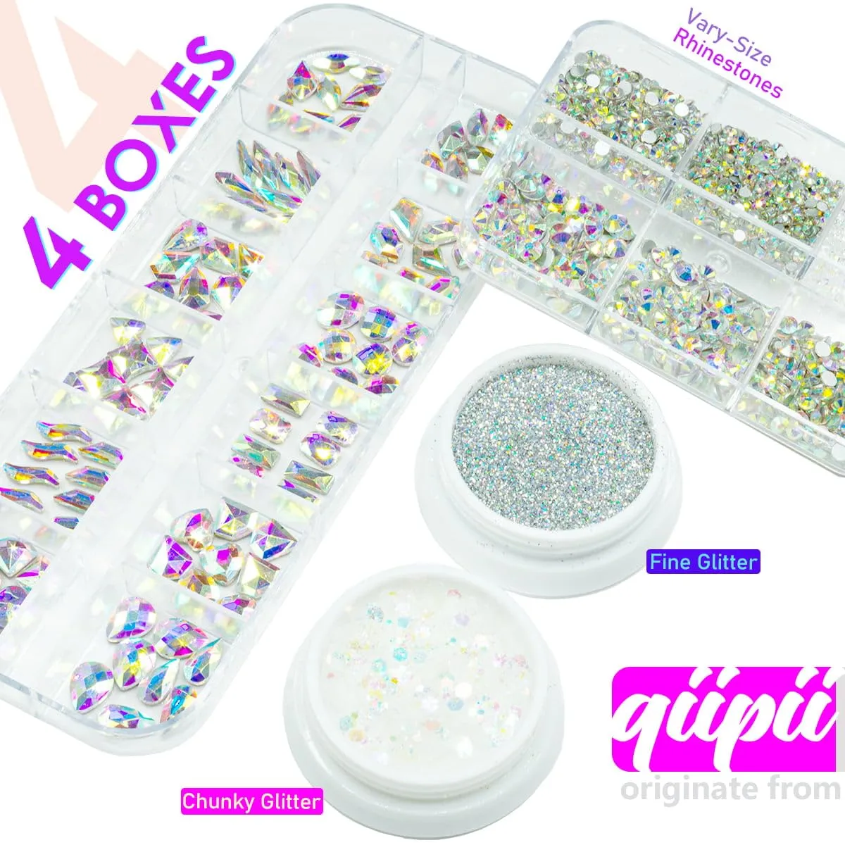 4 Boxes AB Crystal Nail Rhinestones Glitters Powder Kit, 24 Shapes K9 Glass White AB Gems Flatback Round Stones Diamonds Crystals Nail Art Supplies Nail Charms for Acrylic Nails Face Makeup DIY Crafts