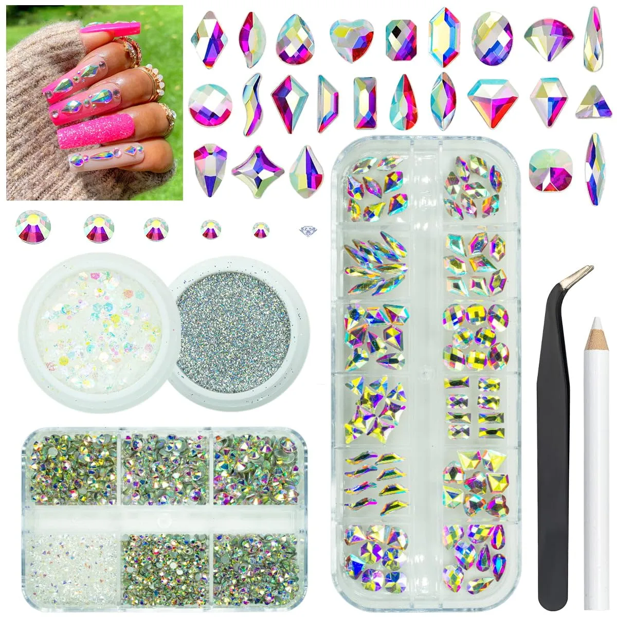 4 Boxes AB Crystal Nail Rhinestones Glitters Powder Kit, 24 Shapes K9 Glass White AB Gems Flatback Round Stones Diamonds Crystals Nail Art Supplies Nail Charms for Acrylic Nails Face Makeup DIY Crafts