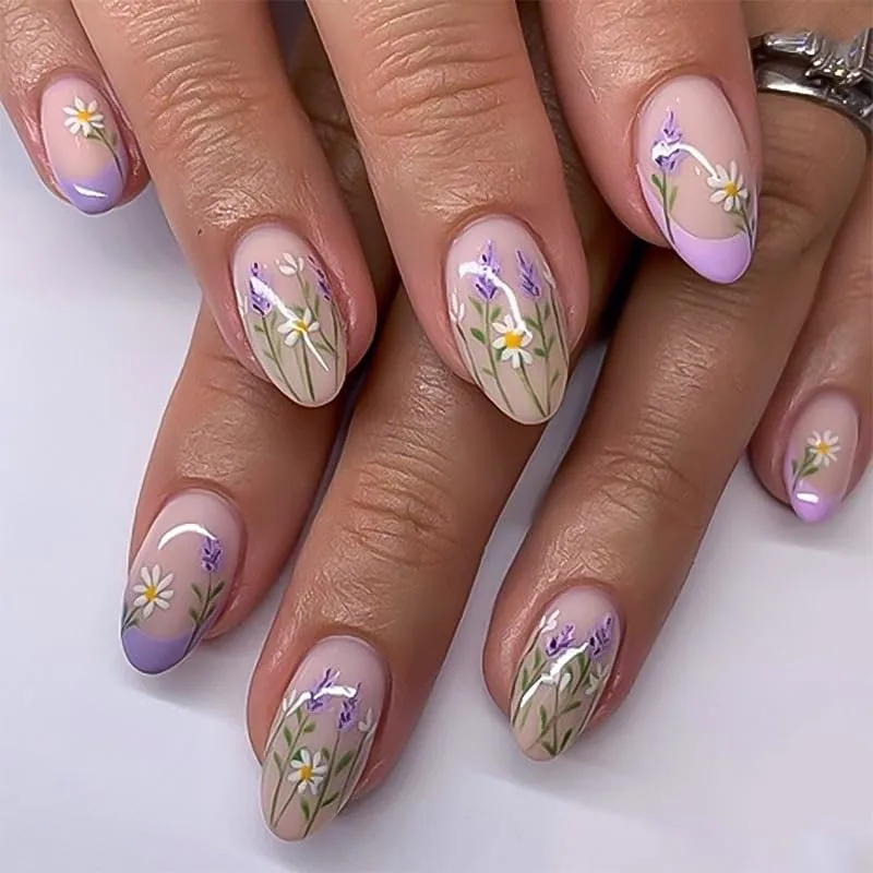 Press On Nails Spring Acrylic Nails for Women - Lavender Designer Fake Nails Short Almond 24PCS, Glossy Soft Gel with Glue, Outdoor Picnic/Wedding/Party Reusable Stick On Nails Gift
