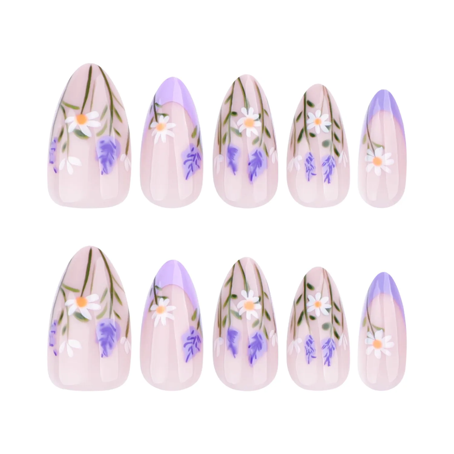 Press On Nails Spring Acrylic Nails for Women - Lavender Designer Fake Nails Short Almond 24PCS, Glossy Soft Gel with Glue, Outdoor Picnic/Wedding/Party Reusable Stick On Nails Gift