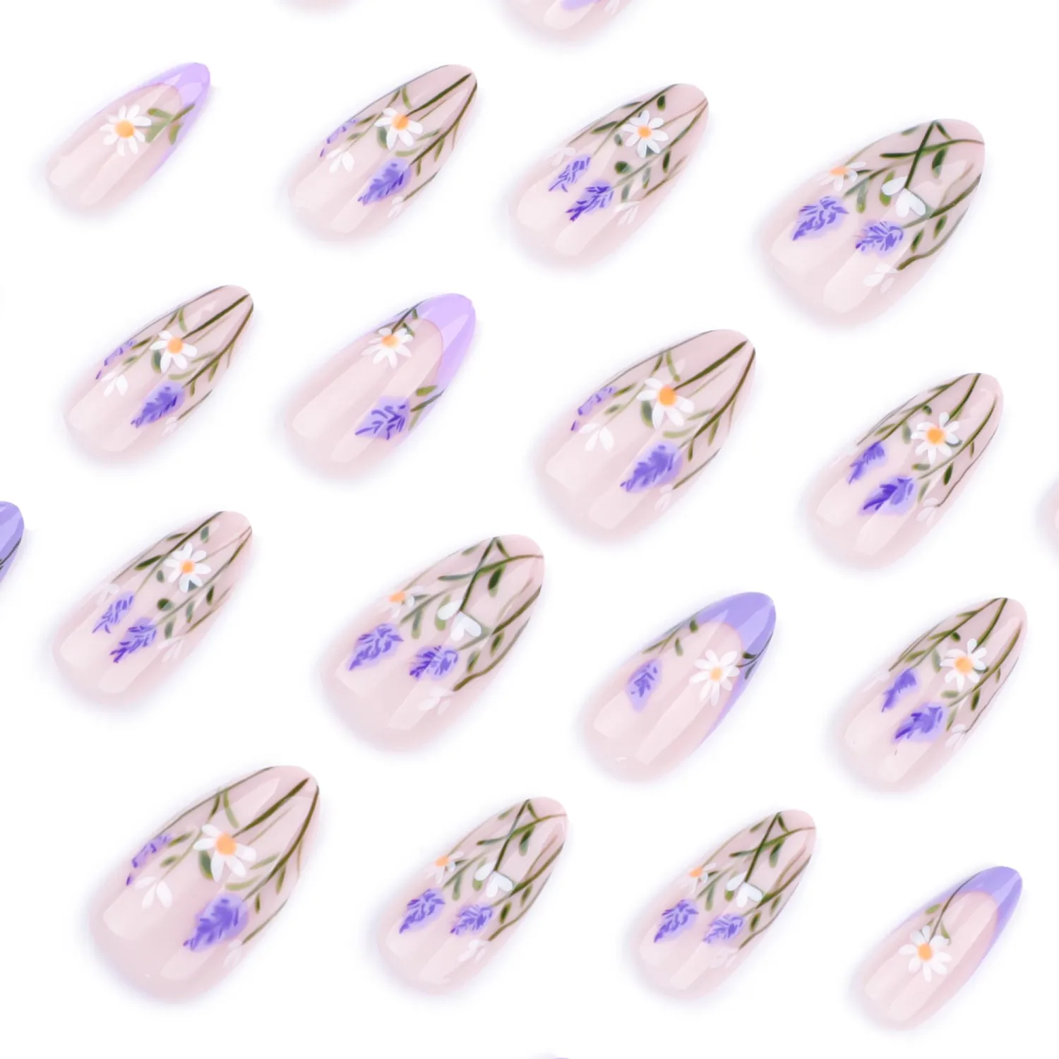 Press On Nails Spring Acrylic Nails for Women - Lavender Designer Fake Nails Short Almond 24PCS, Glossy Soft Gel with Glue, Outdoor Picnic/Wedding/Party Reusable Stick On Nails Gift
