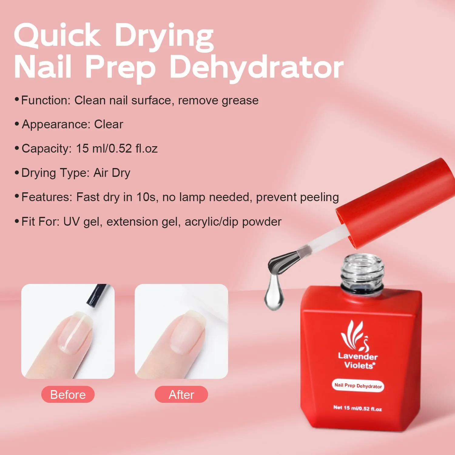 Lavender Violets 15ml Acid Free Professional Nail Dehydrator Prep for UV Gel Polish Acrylic Nails Fast Dry Natural Nail Manicure Bonder 0.52oz A107