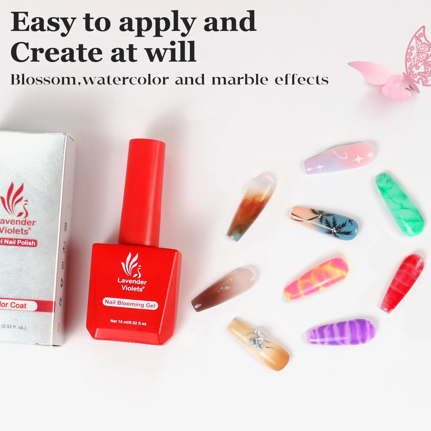 Lavender Violets 15ml Blooming Gel Nail Polish - Clear Blosom Gel Polish Soak Off for Spreading Graffiti Marble Flower Watercolor Floral Print Effects, Magical DIY Manicure A106