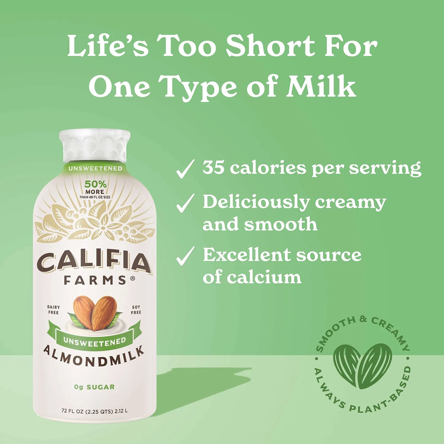 Califia Farms Unsweetened Almond Milk, 72 Oz, Dairy Free, Vegan, Plant Based, Keto Food, Vegan, Gluten Free, Non GMO, Sugar Free, High Calcium, Smoothie