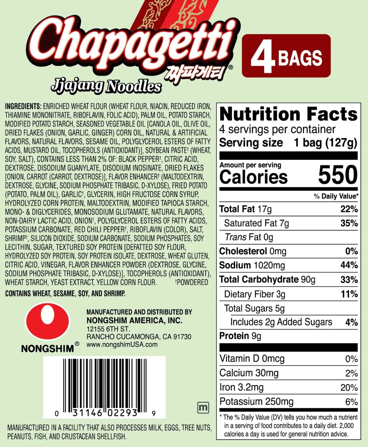 Nongshim Ramen Noodles, Gourmet Instant Ramen, Premium Microwavable Noodle Soup, Chapagetti, 4.5 Ounce (Pack of 4)