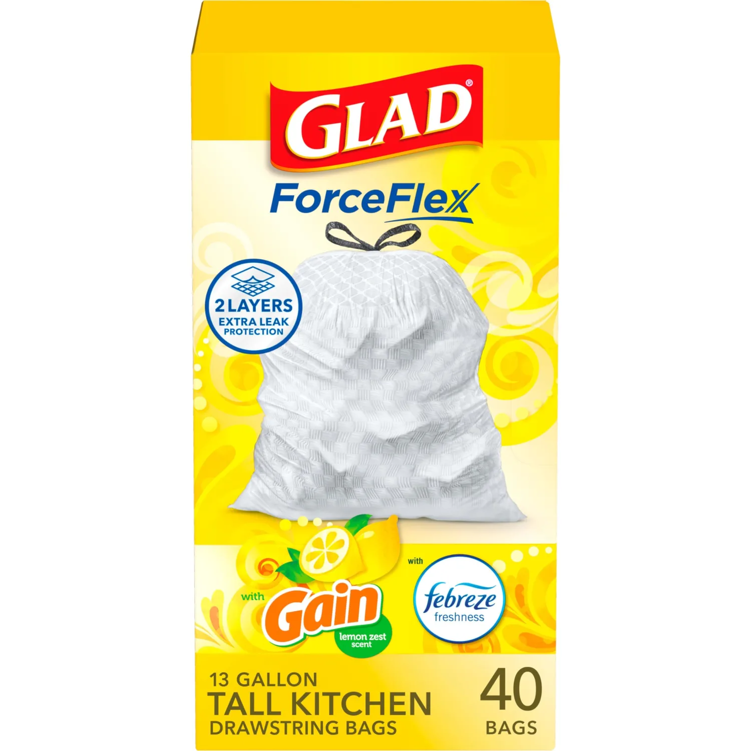 Glad ForceFlex Tall Kitchen Drawstring Trash Bags, 13 Gal, Gain Lemon Zest, 40 Ct (Package May Vary)