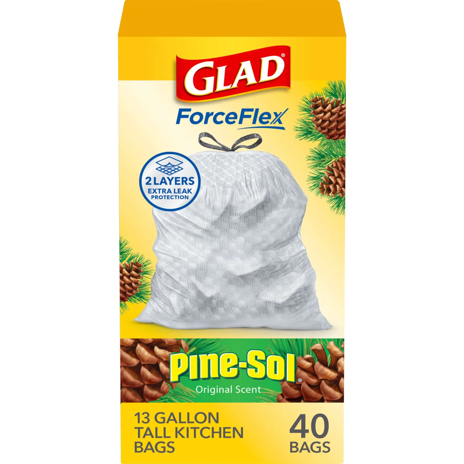 Glad ForceFlex Tall Kitchen Drawstring Trash Bags, 13 Gal, Pine-Sol, 40 Ct (Package May Vary)