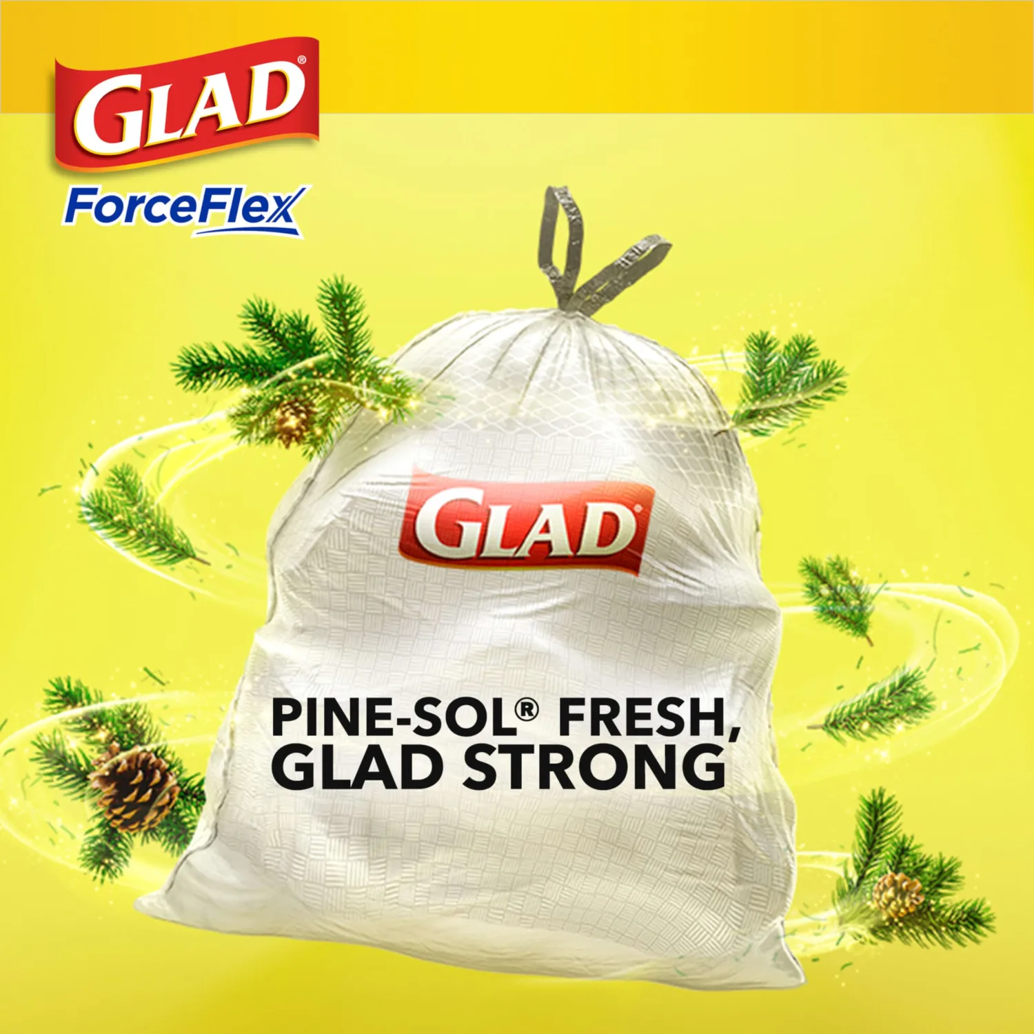Glad ForceFlex Tall Kitchen Drawstring Trash Bags, 13 Gal, Pine-Sol, 40 Ct (Package May Vary)