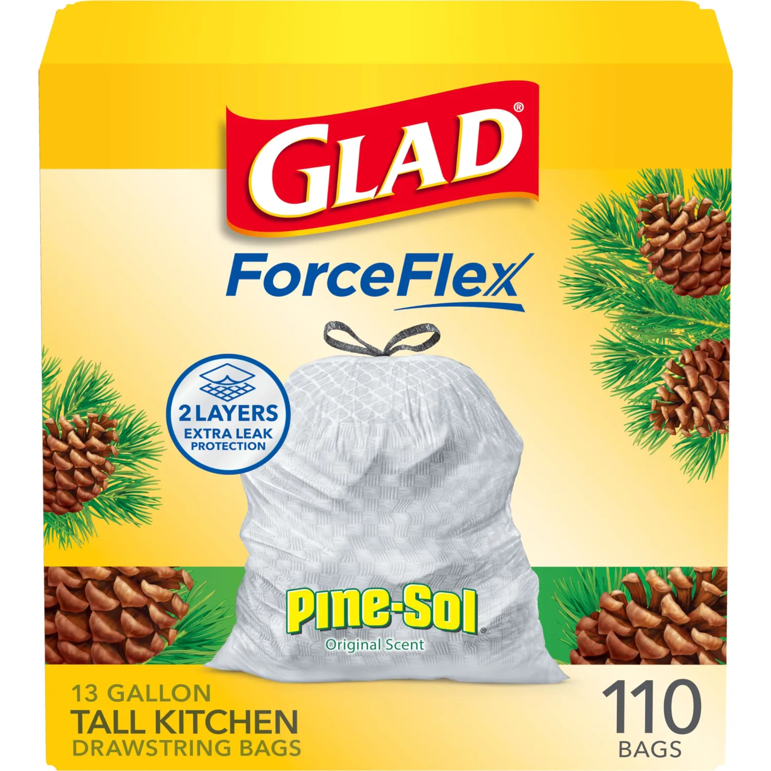 Glad ForceFlex Tall Kitchen Trash Bags, 13 Gal, Pine-Sol Original, 110 Ct (Package May Vary)