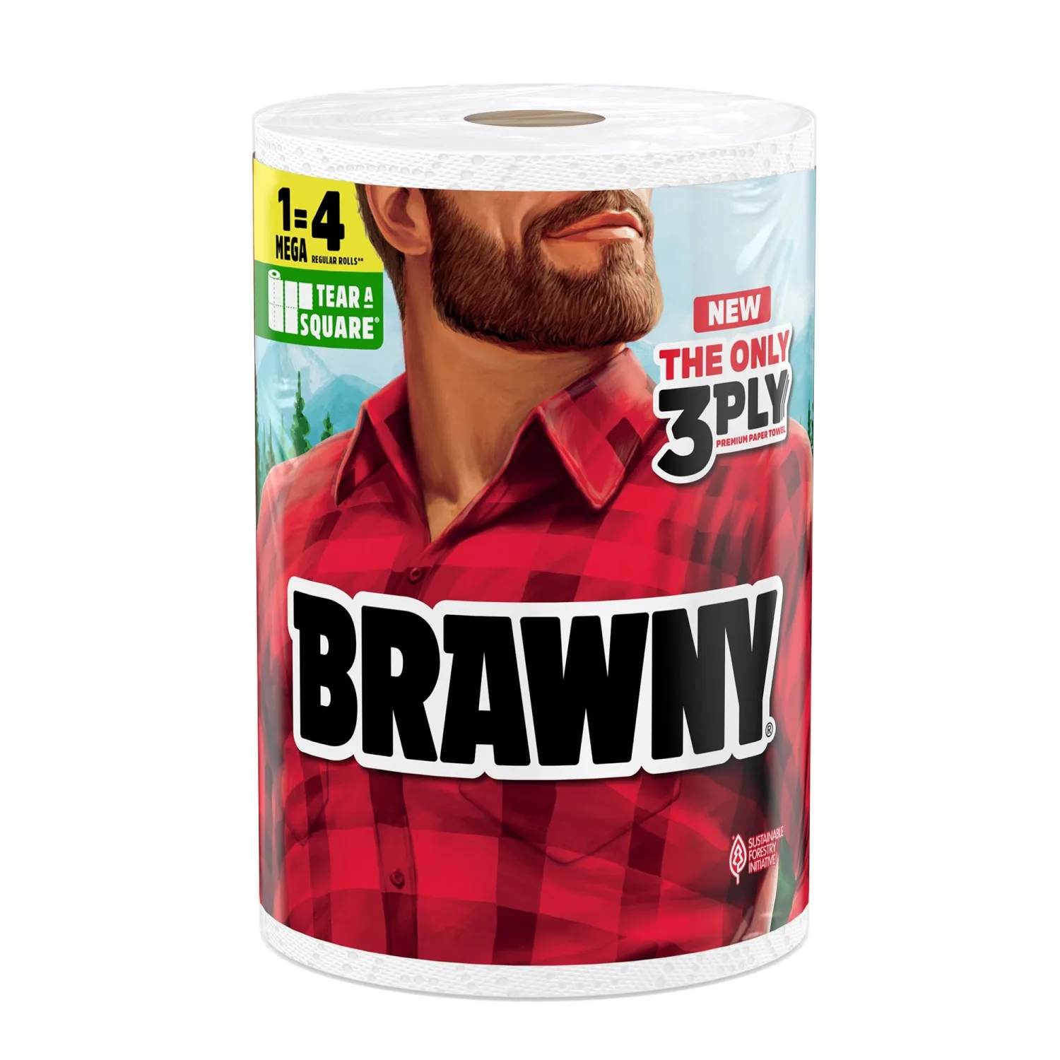 Brawny Tear-A-Square 3-Ply Paper Towels, 1 Mega Roll = 2 Regular Rolls, Strong, Absorbent, and Durable with 3 Sheet Sizes (Quarter, Half, Full)