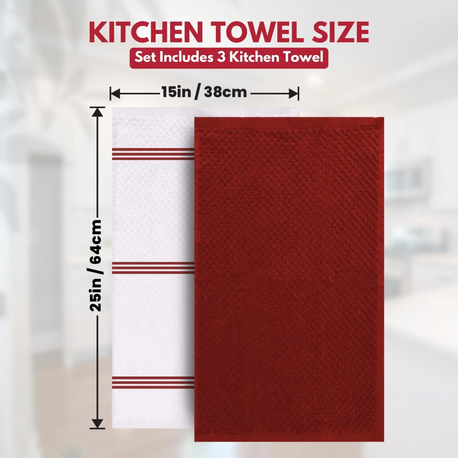 Infinitee Xclusives Premium Kitchen Towels – Pack of 3, 100% Cotton |15 x 25| Inches Absorbent Dish Towels - Terry Kitchen Dishcloth Towels - Red Dish Cloth for Household Cleaning