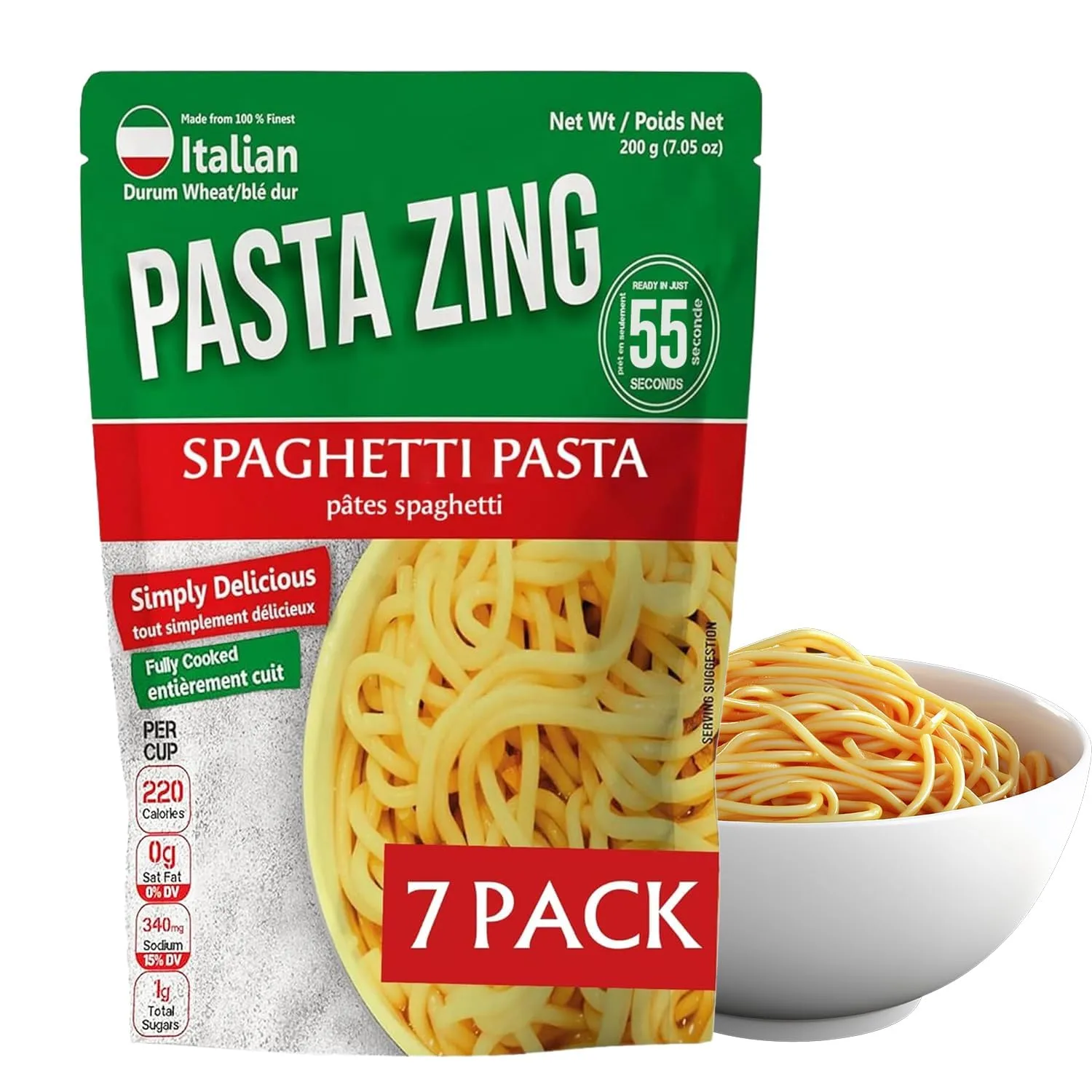 Pasta Zing Spaghetti Pasta Made with 100% Italian Durum Wheat | Ready to Eat Meals in 55 seconds | Fully Cooked, Microwave Meals, Ready Pasta for Dinner, Easy Dinner Sides | (Pack of 7, 7.05 Ounce)