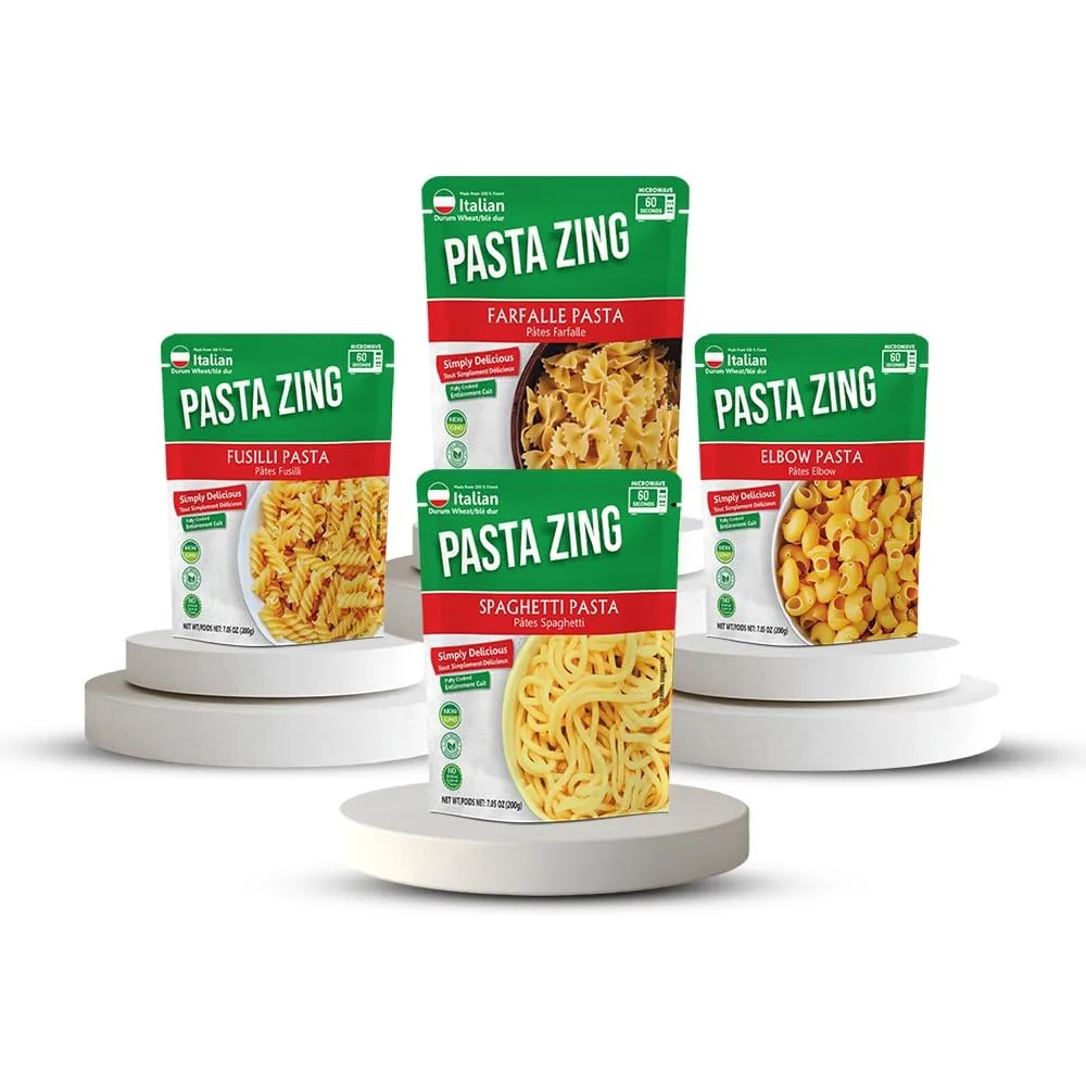 Pasta Zing Microwavable Variety Pasta Pack of 7 | 2x Farfalle | 3x Spaghetti | 1x Fusilli Pasta | 1x Elbow | Microwave Pasta Ready To Eat in 60 Sec - Fully Cooked -100% Durum Wheat 7.05 Ounce