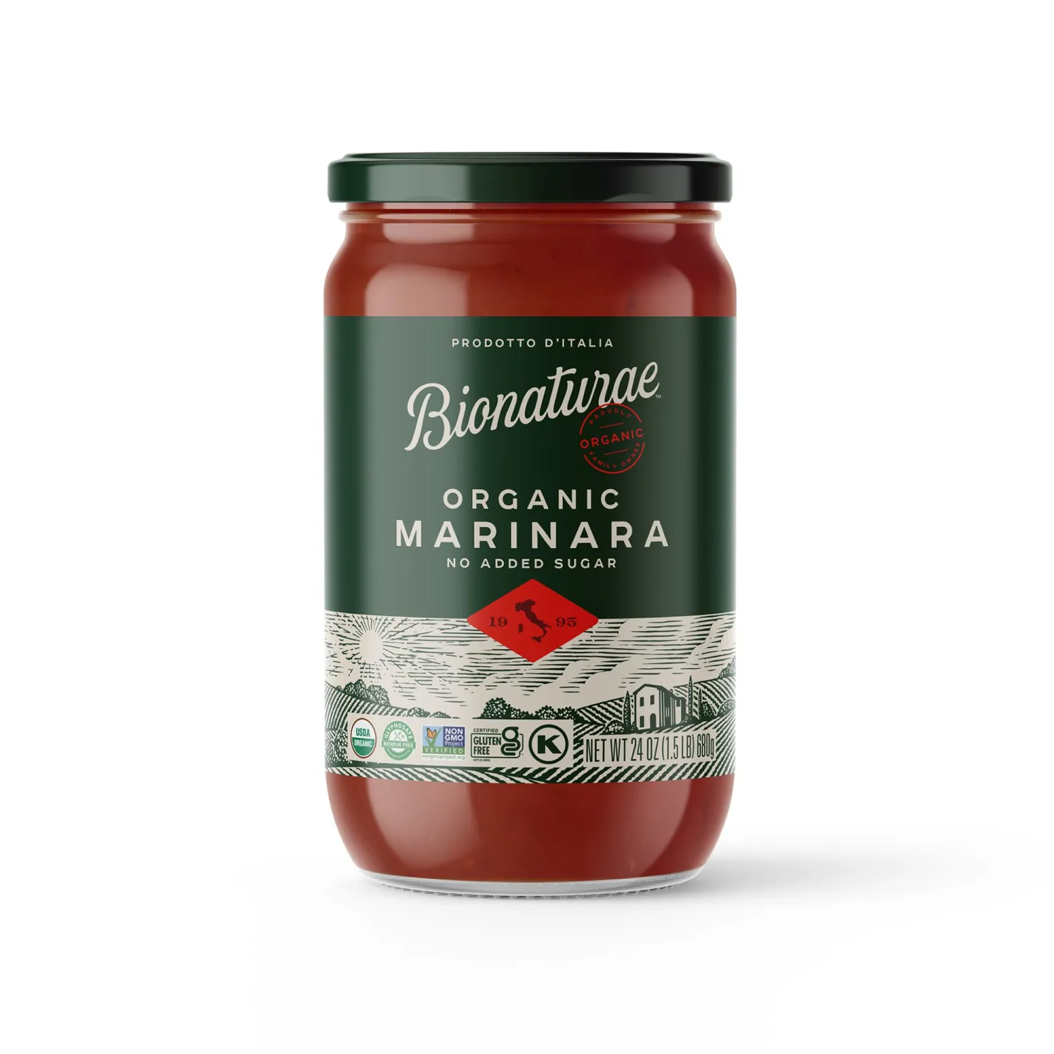 Bionaturae Organic Marinara Pasta Sauce - Tomato Sauce for Spaghetti, Pizza, & Lasagna, Gluten Free, Non GMO, No Added Sugar, Kosher, Glyphosate Free, Made in Italy, Tastes like Homemade - 24 oz Jar
