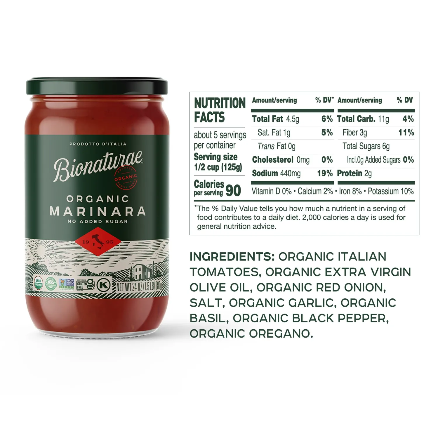 Bionaturae Organic Marinara Pasta Sauce - Tomato Sauce for Spaghetti, Pizza, & Lasagna, Gluten Free, Non GMO, No Added Sugar, Kosher, Glyphosate Free, Made in Italy, Tastes like Homemade - 24 oz Jar