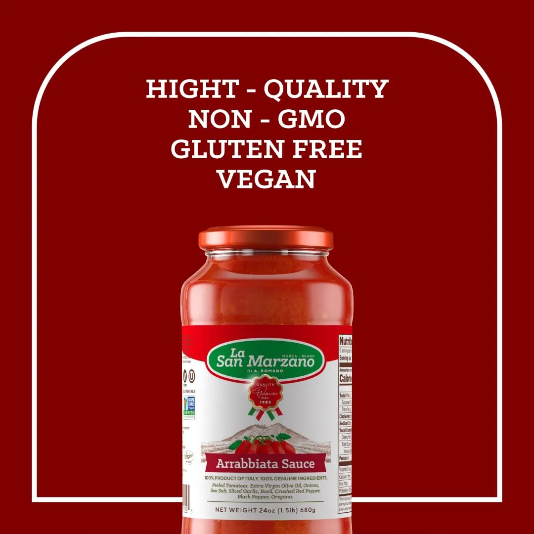 La San Marzano Arrabiata Sauce, 24 oz, Pasta Sauce Made in Italy, All Purpose Tomato Premium Quality, All Natural, Mediterranean Diet, Non GMO, Vegan, Gluten Free