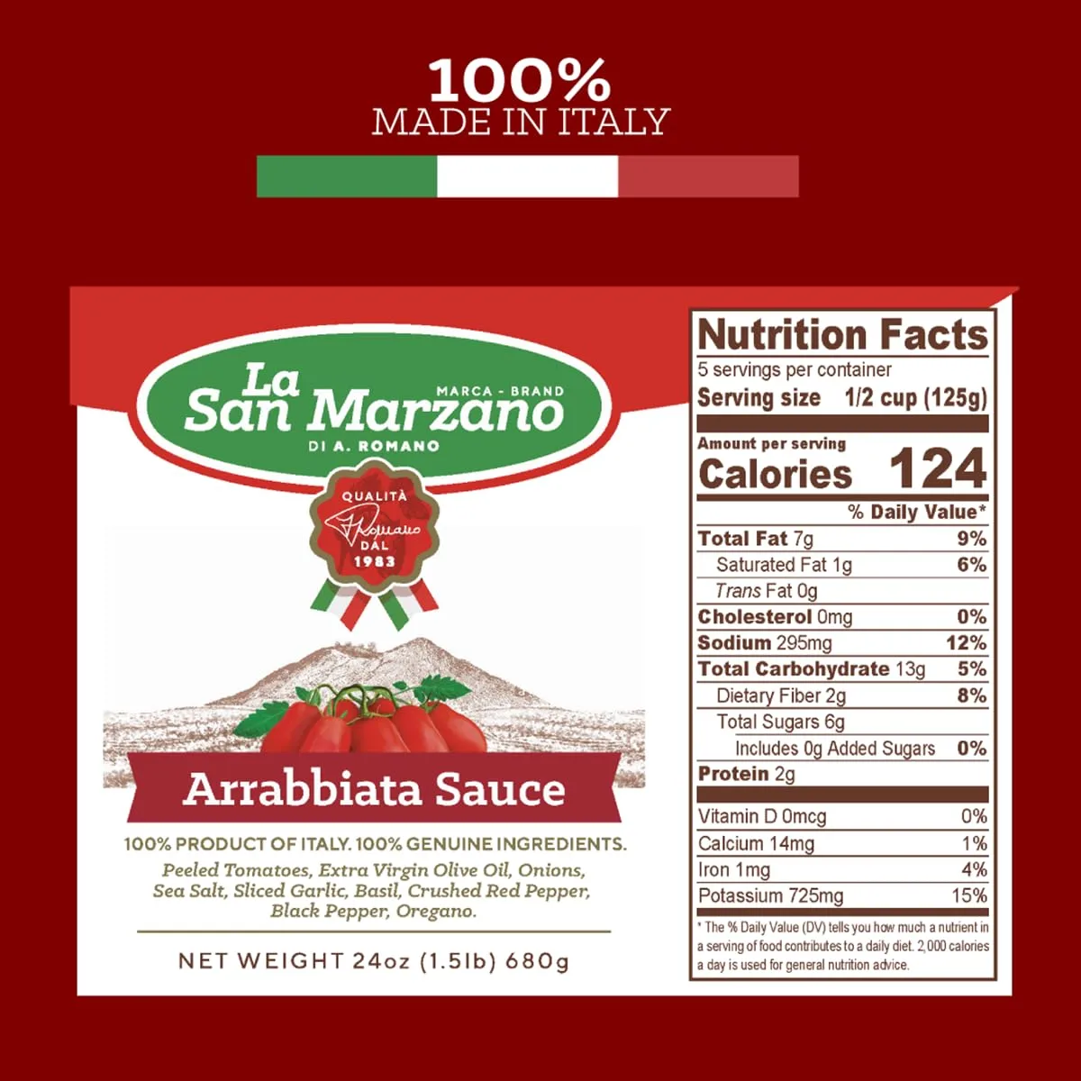 La San Marzano Arrabiata Sauce, 24 oz, Pasta Sauce Made in Italy, All Purpose Tomato Premium Quality, All Natural, Mediterranean Diet, Non GMO, Vegan, Gluten Free