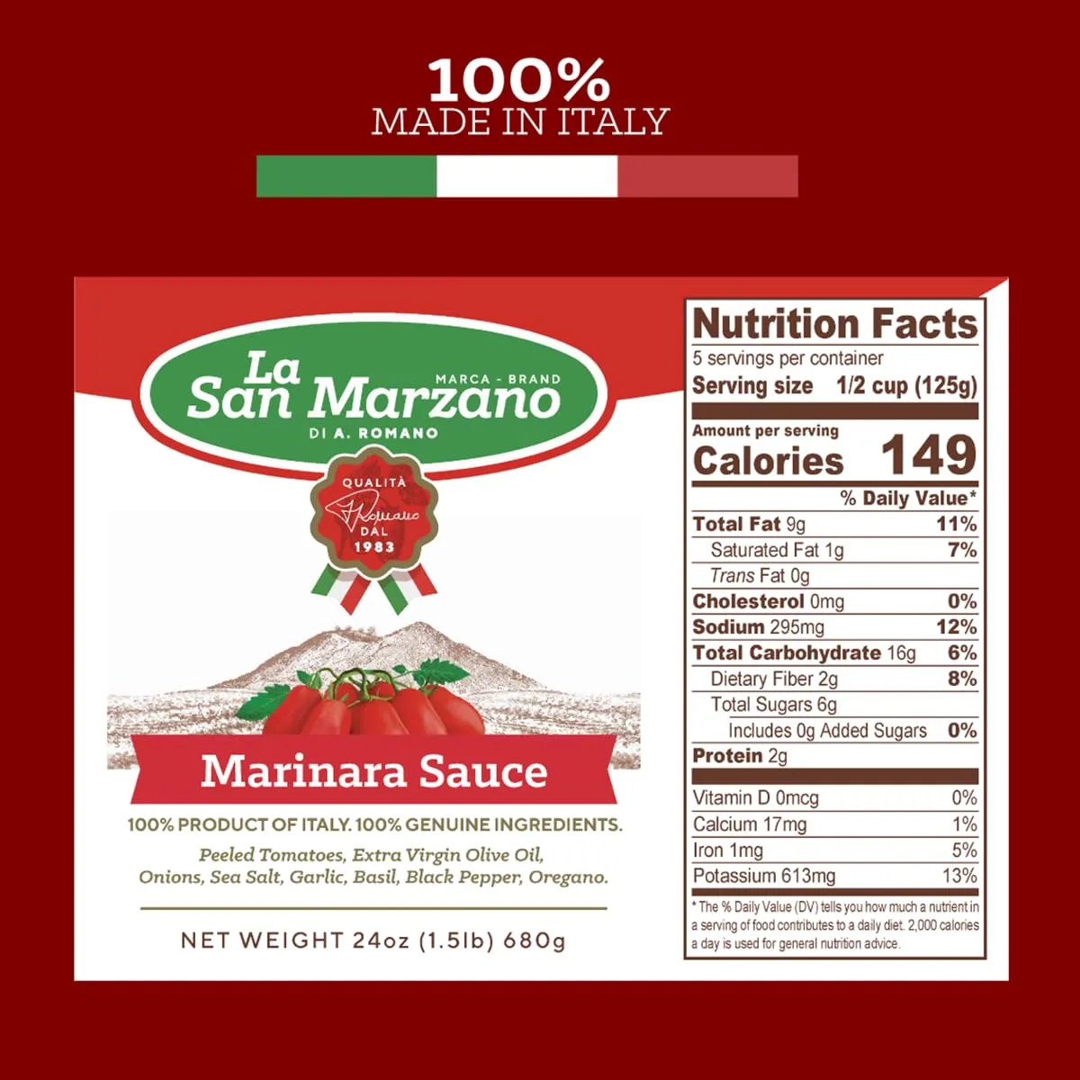 La San Marzano Marinara Sauce, 24 oz, Pasta Sauce Made in Italy, All Purpose Tomato Premium Quality, All Natural, Mediterranean Diet, Non GMO, Vegan, Gluten Free