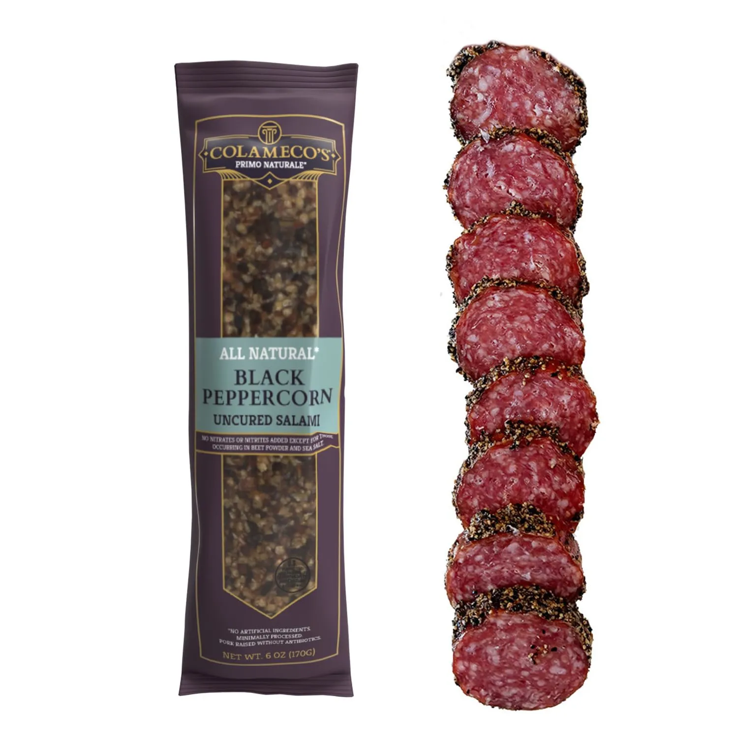 COLAMECO'S All Natural Uncured Black Peppercorn Salami Chub - Zesty Peppercorn & Savory Italian Flavor - Humanely Raised - Gluten-Free, Dairy-Free Salami, 6 oz