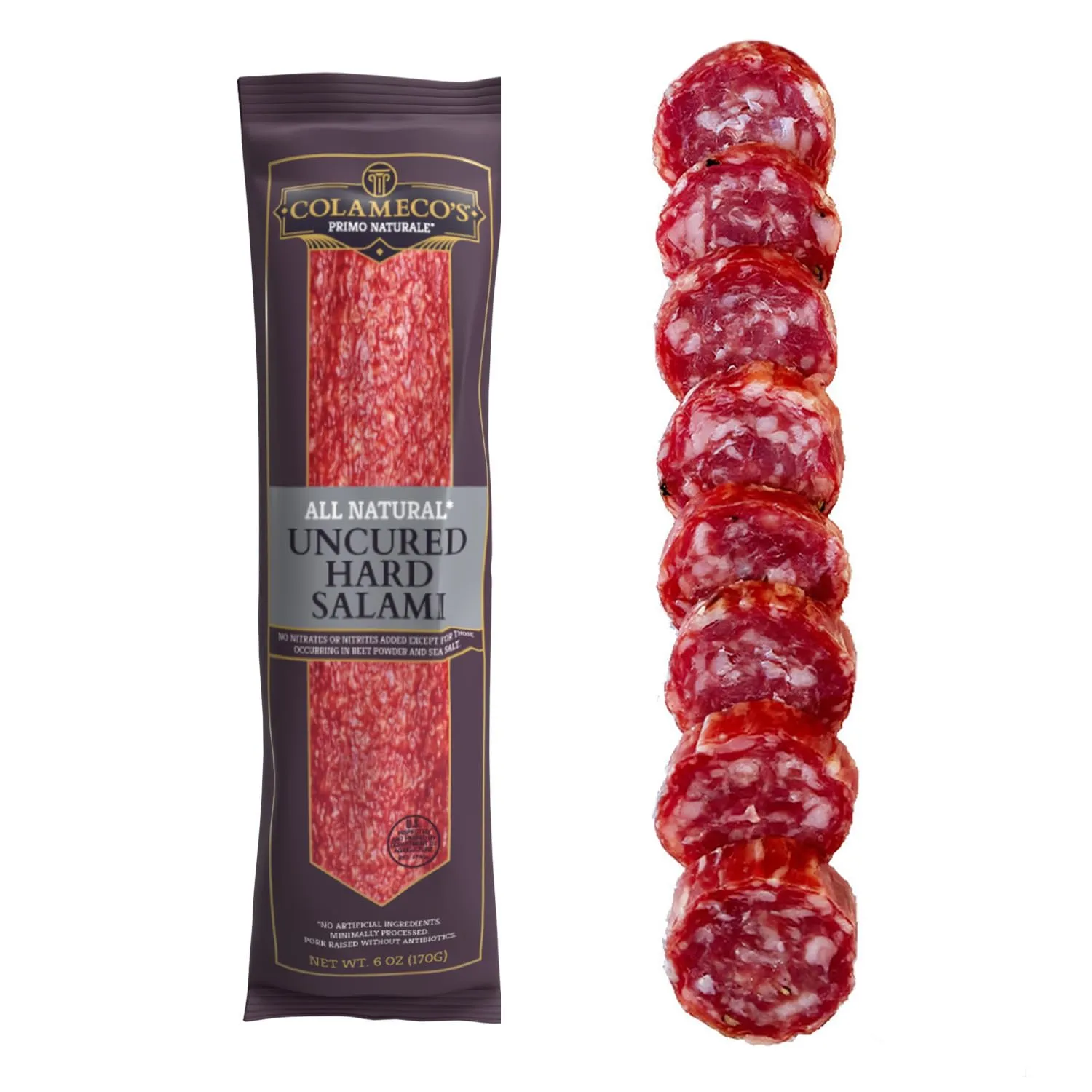 COLAMECO'S All Natural Uncured Hard Salami Chub - Rich, Smoky Italian Flavor - Gluten-Free, Dairy-Free Uncured Salami - 6 oz
