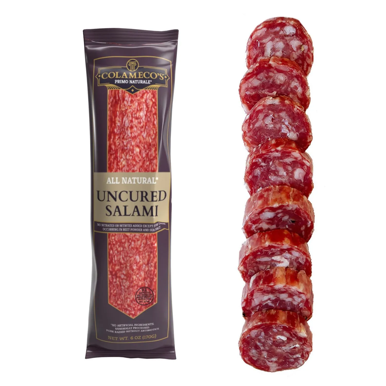COLAMECO'S All Natural Uncured Original Salami Chub - Authentic Italian Flavor, Humanely Raised - Dairy-Free Uncured Salami - 6 oz