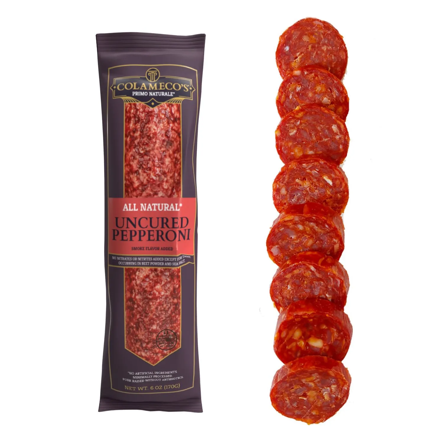 COLAMECO'S All Natural Uncured Pepperoni Chub - Classic Italian Flavor, Humanely Raised - Gluten-Free, Dairy-Free Uncured Pepperoni - 6 oz