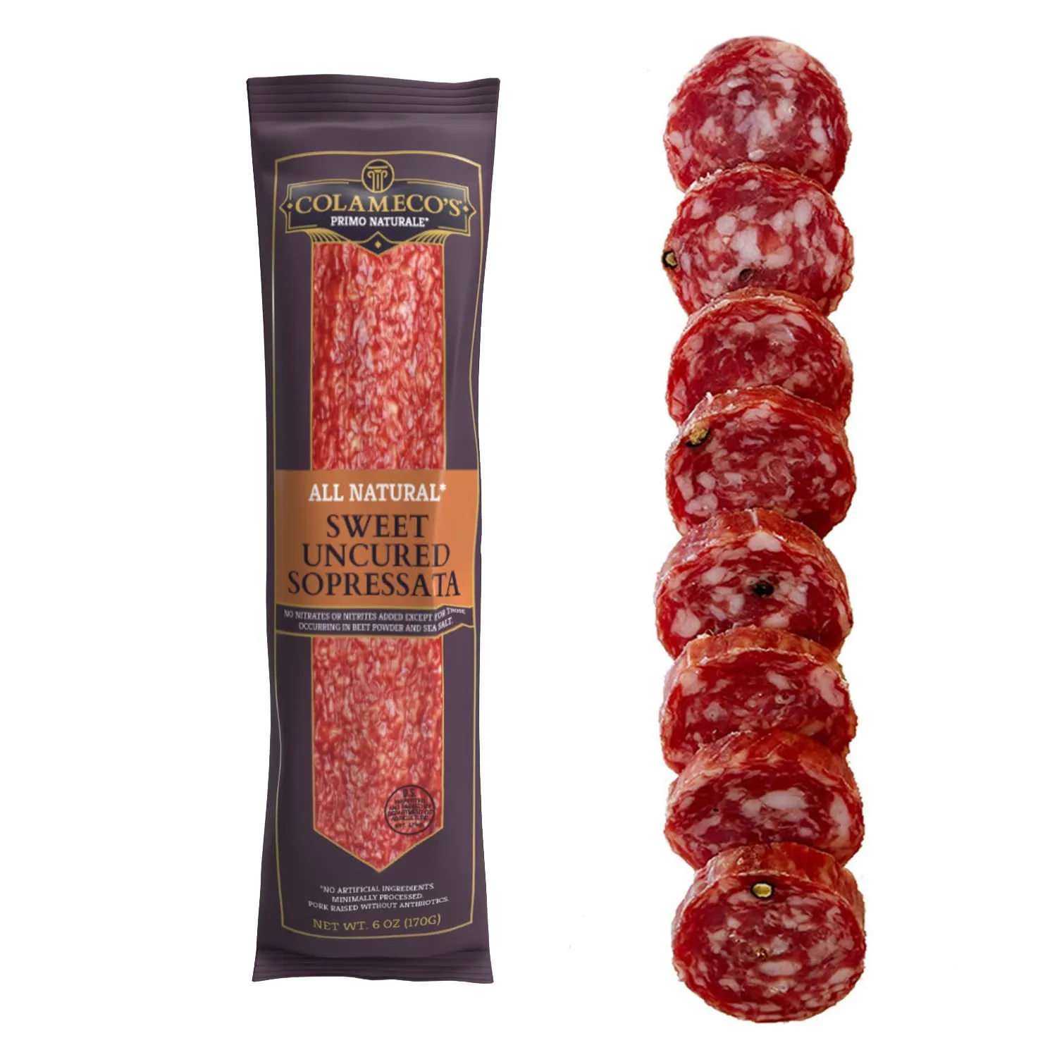 COLAMECO'S All Natural Uncured Sopressata Chub - Humanely Raised, Rich & Robust Italian Flavor - Uncured Sopressata, 6 oz