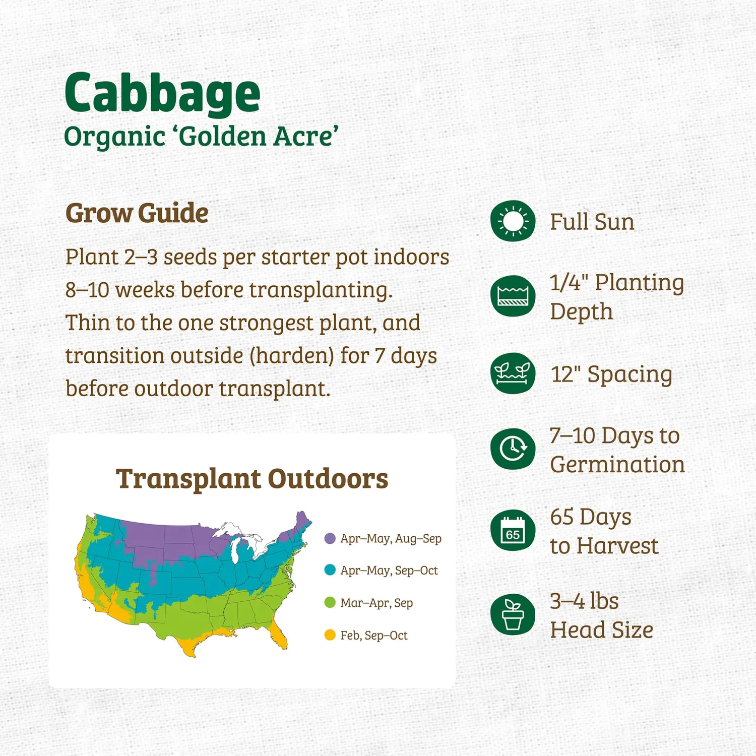 Back to the Roots - 100% Organic Seed Packet - Cabbage 'Golden Acre' 140mg