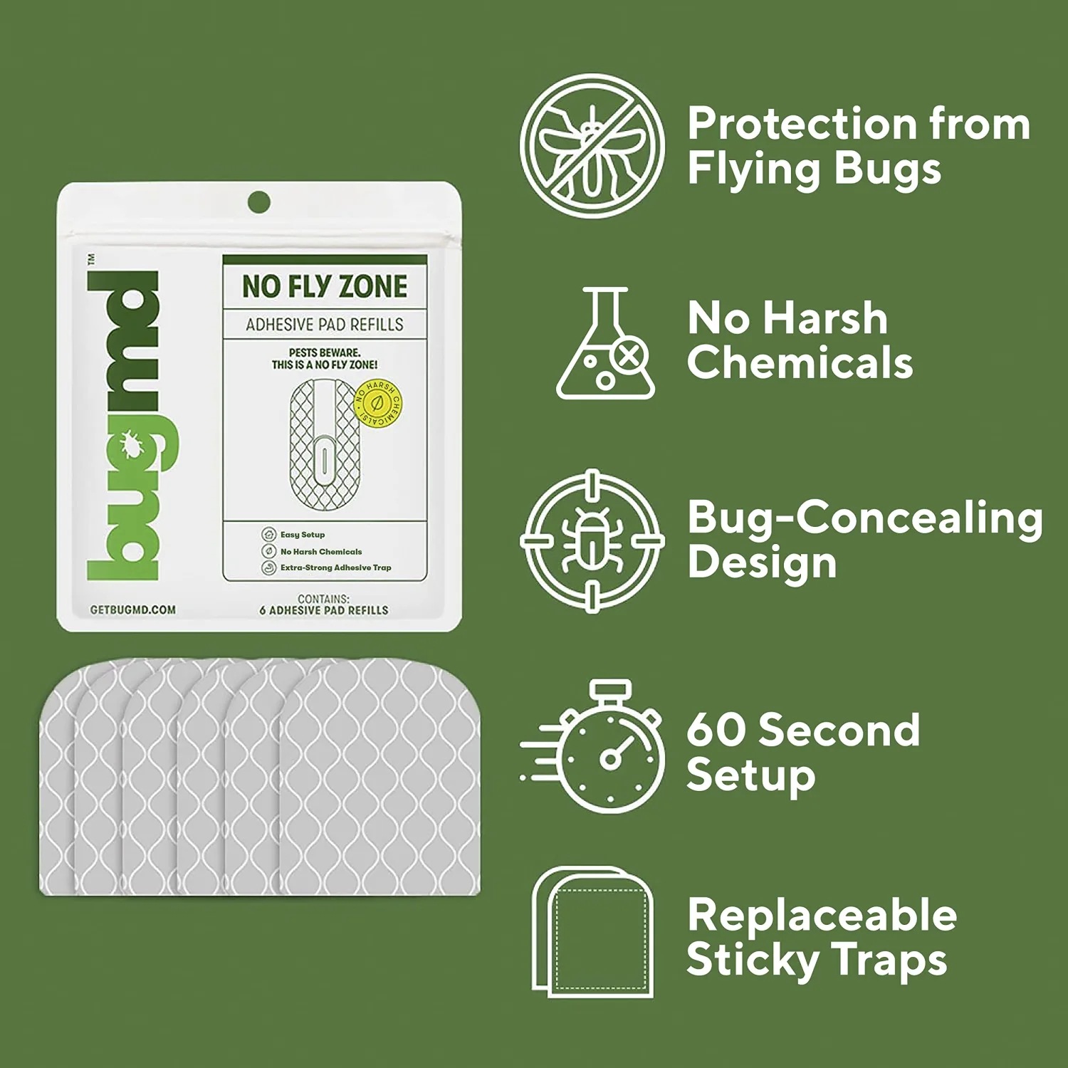 BugMD No Buzz Zone Refiller Pad (6 Refills) - Extra-Strong Adhesive Traps, Indoor Insect Trap Refill, No Harsh Chemicals, Household Friendly, Fly Trap Refill, Flea Trap Refills, Bug Trapper