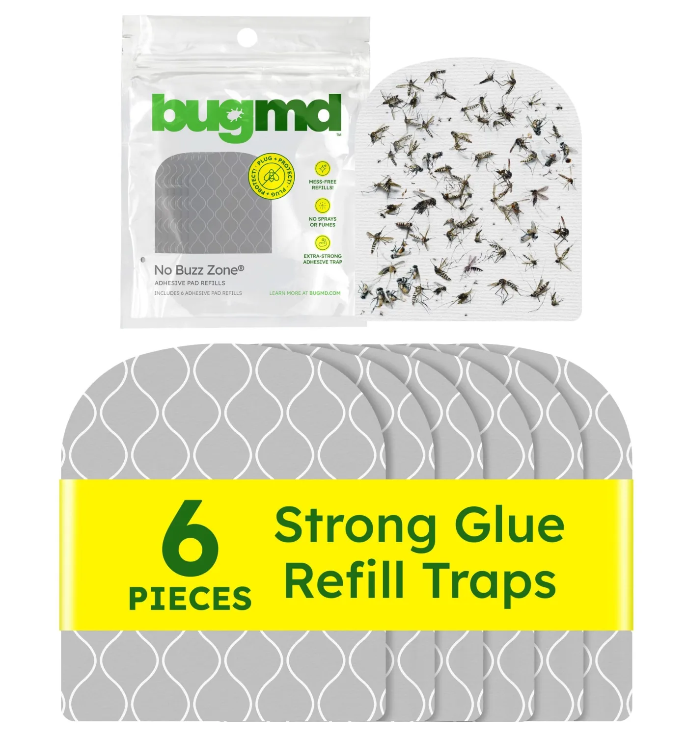 BugMD No Buzz Zone Refiller Pad (6 Refills) - Extra-Strong Adhesive Traps, Indoor Insect Trap Refill, No Harsh Chemicals, Household Friendly, Fly Trap Refill, Flea Trap Refills, Bug Trapper