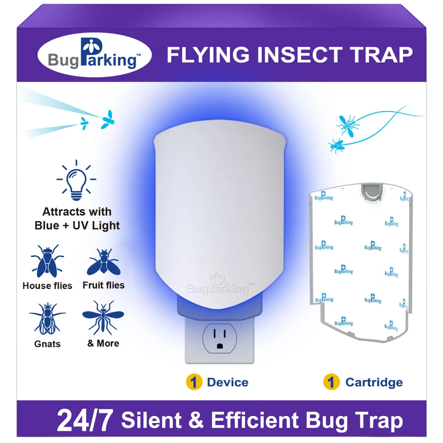 Flying Insect Trap for Indoors: Light Trap Captures Fruit Flies, Gnats, and Houseflies, Silent Bug Catcher with UV Light for Indoor-Plants, Kitchen, BUG PARKING 1 Plug-in Device + 1 Cartridge Refill