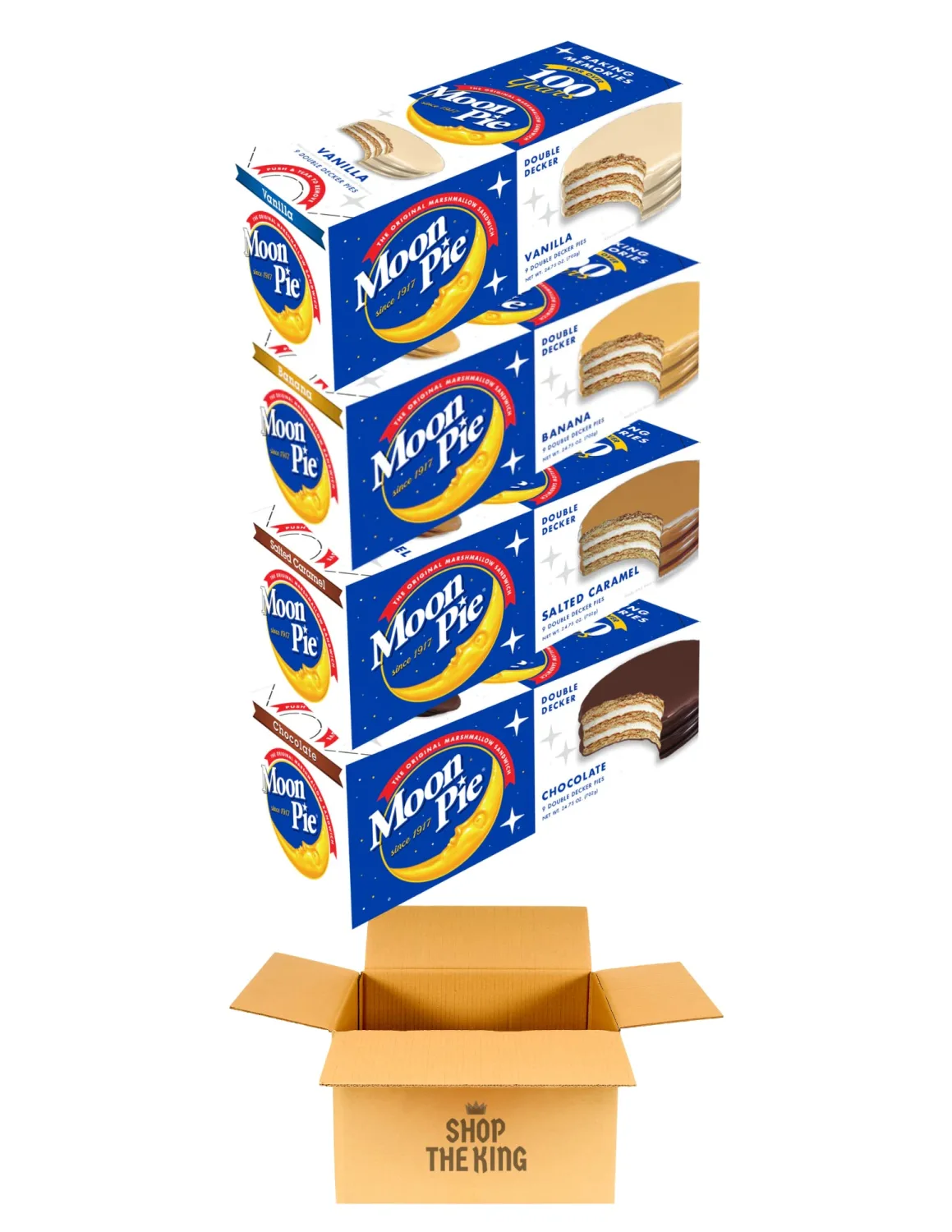 Moon Pies Double Decker Whoopie Pies Variety Pack - 36 Pack, 9 Count Per Box, Chocolate Pie, Vanilla, Salted Caramel, Banana - Moon Pies Individually Wrapped