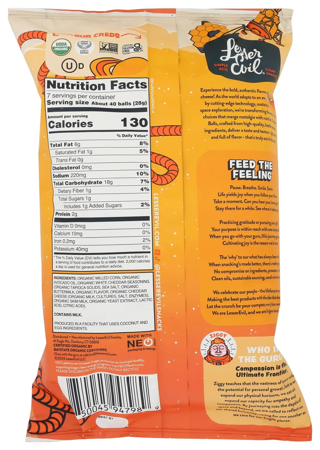 Lesserevil, Puffs Space Balls Real Cheddar Party Size Orgnanic, 7 Ounce